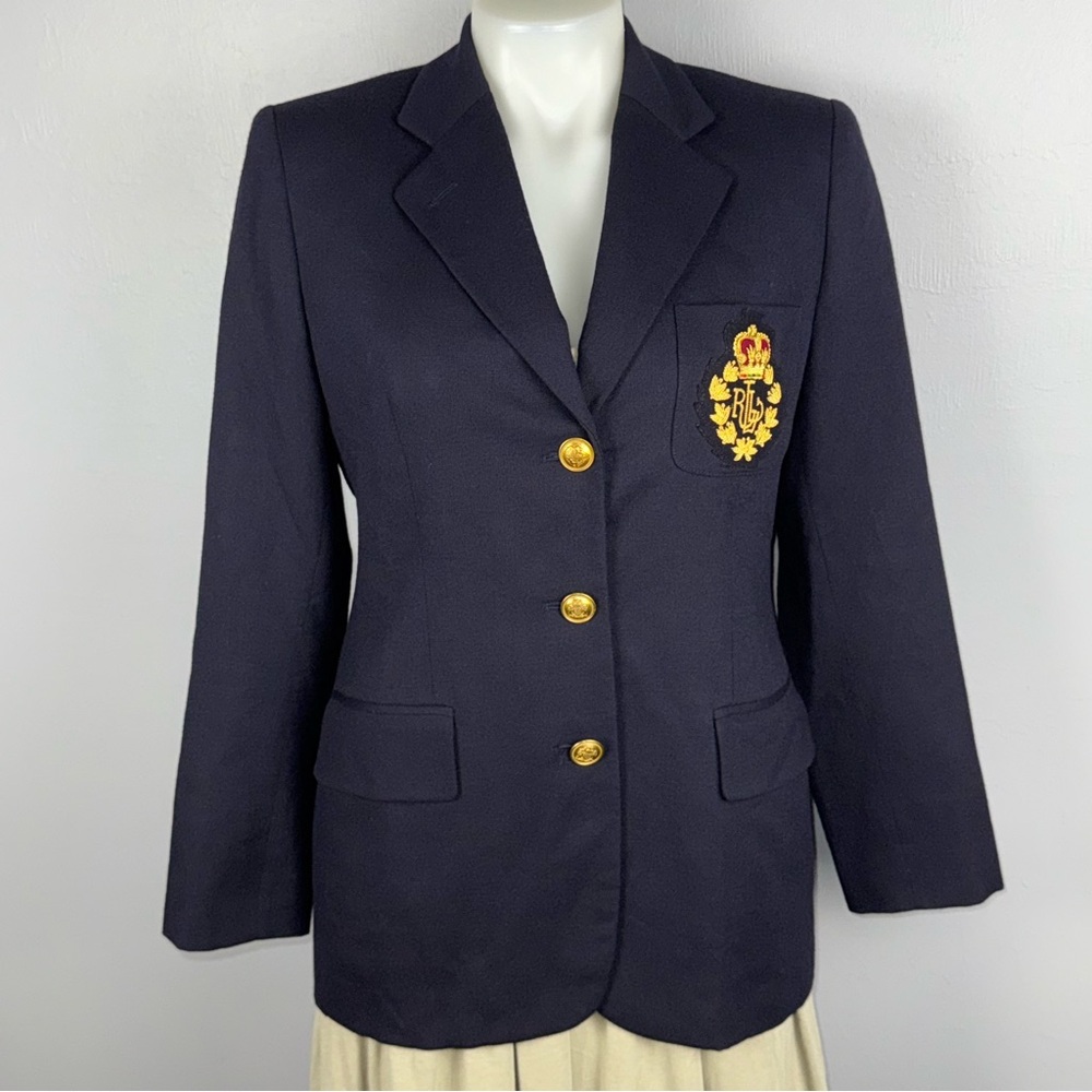 Lauren Ralph Lauren Blazer 8P Crest Crown Wool Navy Gold Button Jacket VTG